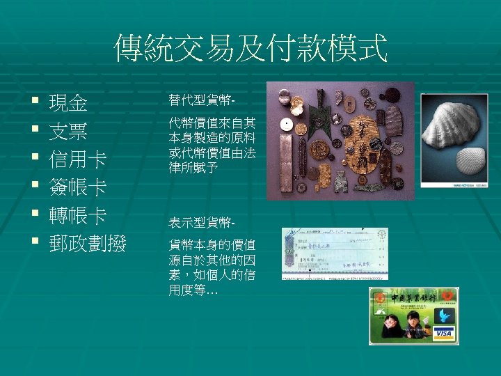 傳統交易及付款模式 § § § 現金 支票 信用卡 簽帳卡 轉帳卡 郵政劃撥 　 替代型貨幣代幣價值來自其 本身製造的原料 或代幣價值由法