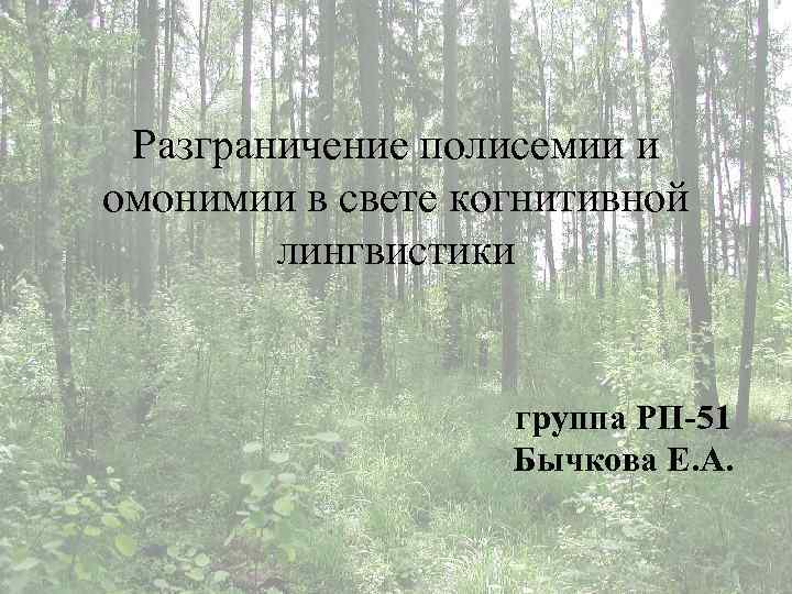 Разграничение полисемии и омонимии в свете когнитивной лингвистики группа РП-51 Бычкова Е. А. 