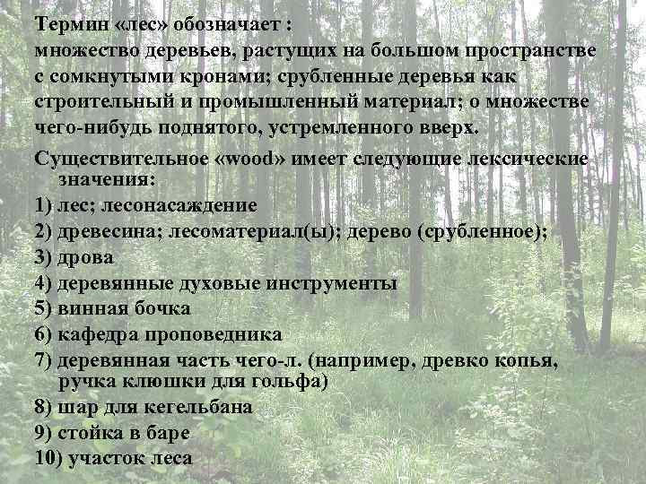 Термин «лес» обозначает : множество деревьев, растущих на большом пространстве с сомкнутыми кронами; срубленные