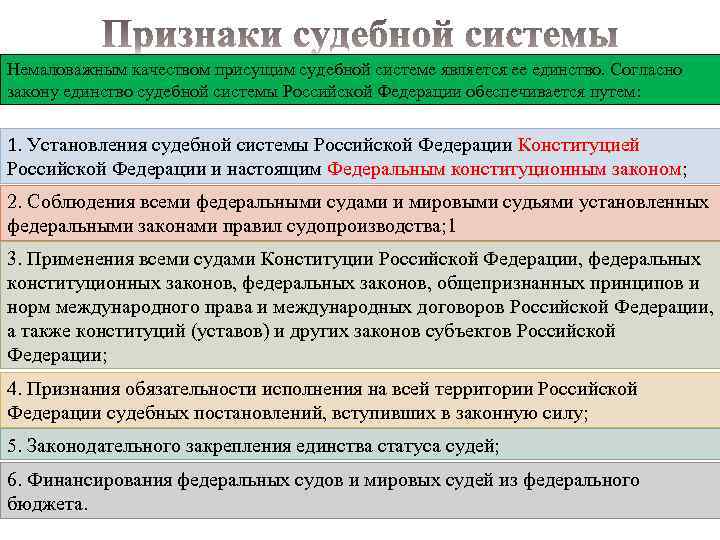 Немаловажным качеством присущим судебной системе является ее единство. Согласно закону единство судебной системы Российской