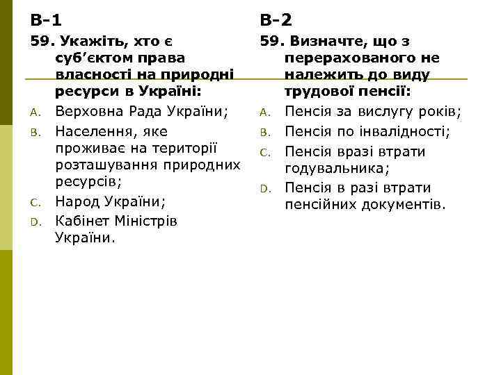 В-1 В-2 59. Укажіть, хто є суб’єктом права власності на природні ресурси в Україні: