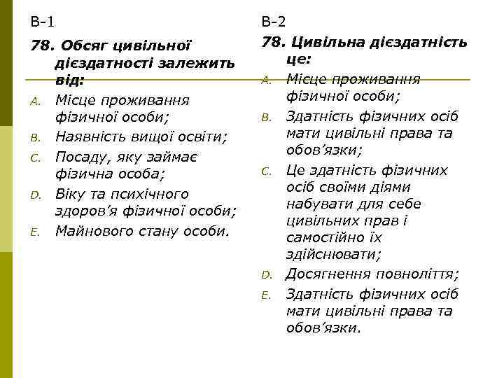 В-1 78. Обсяг цивільної дієздатності залежить від: A. Місце проживання фізичної особи; B. Наявність