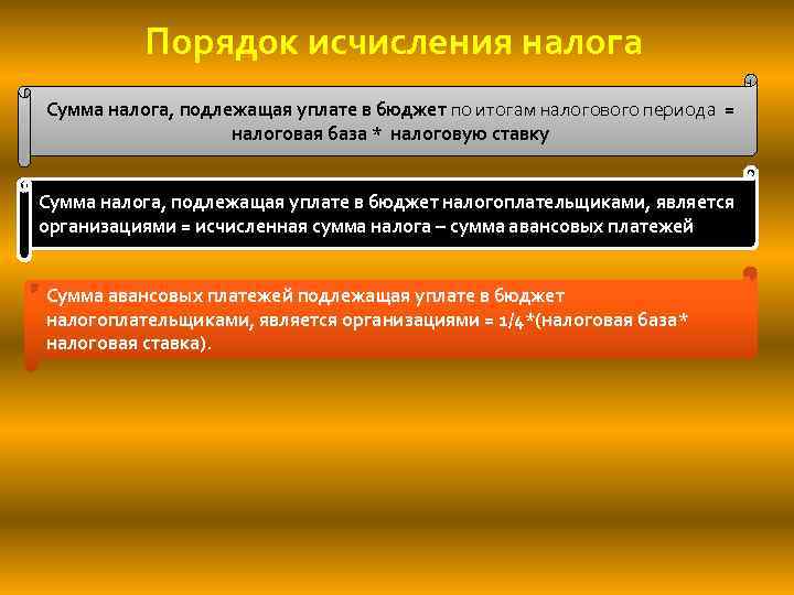 Порядок исчисления налога Сумма налога, подлежащая уплате в бюджет по итогам налогового периода =