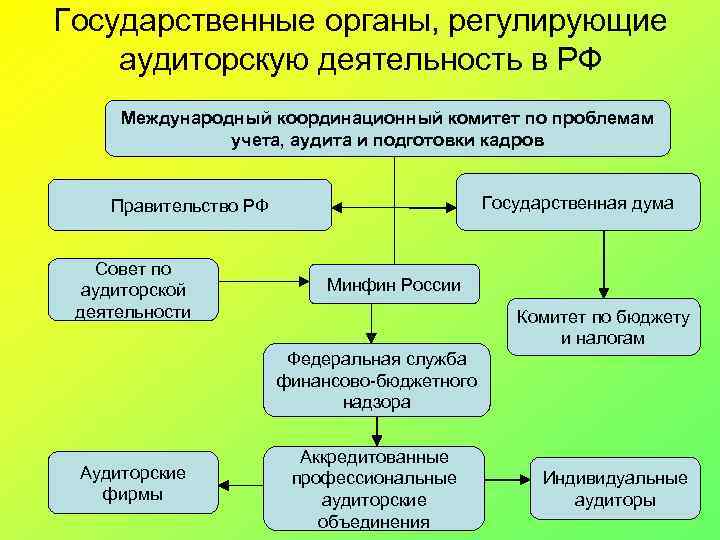 Государственные органы, регулирующие аудиторскую деятельность в РФ Международный координационный комитет по проблемам учета, аудита