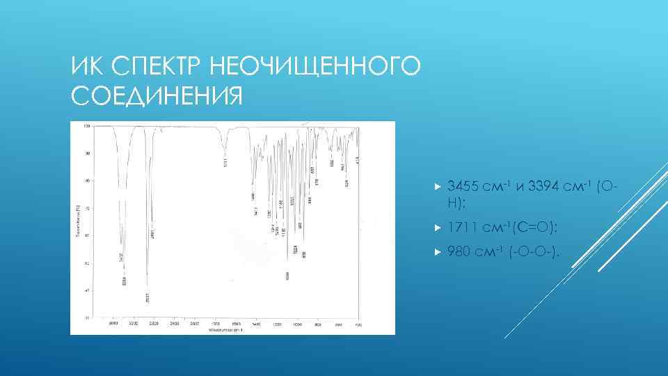 ИК СПЕКТР НЕОЧИЩЕННОГО СОЕДИНЕНИЯ 3455 см-1 и 3394 см-1 (OH); 1711 см-1(С=О); 980 см-1