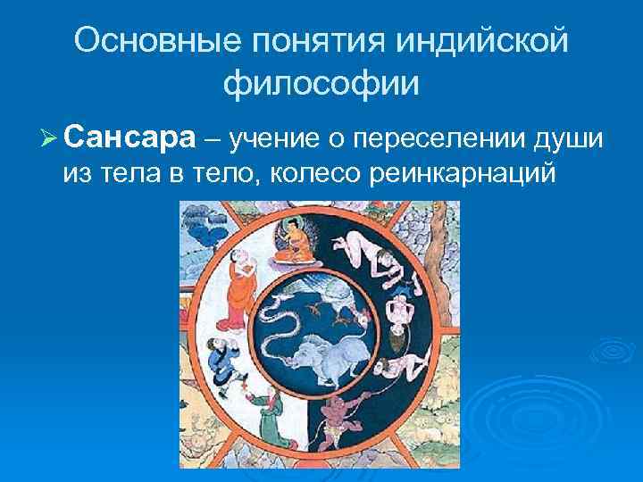 Основные понятия индийской философии Ø Сансара – учение о переселении души из тела в