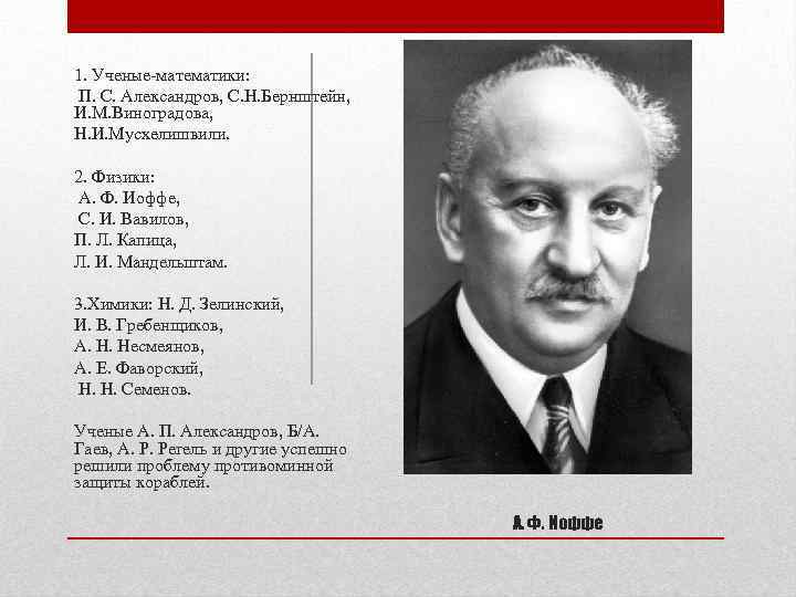 1. Ученые-математики: П. С. Александров, С. Н. Бернштейн, И. М. Виноградова, Н. И. Мусхелишвили.
