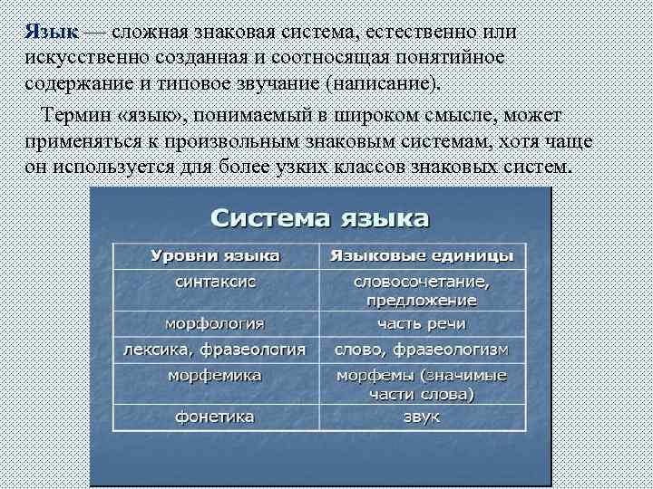 Язык — сложная знаковая система, естественно или искусственно созданная и соотносящая понятийное содержание и