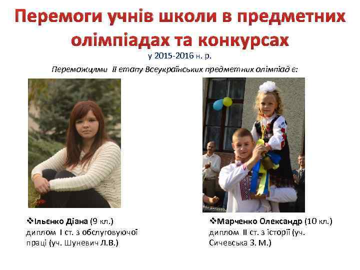 Перемоги учнів школи в предметних олімпіадах та конкурсах у 2015 -2016 н. р. Переможцями