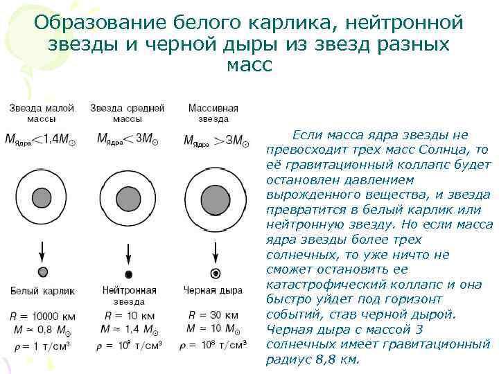 Образование белого карлика, нейтронной звезды и черной дыры из звезд разных масс Если масса