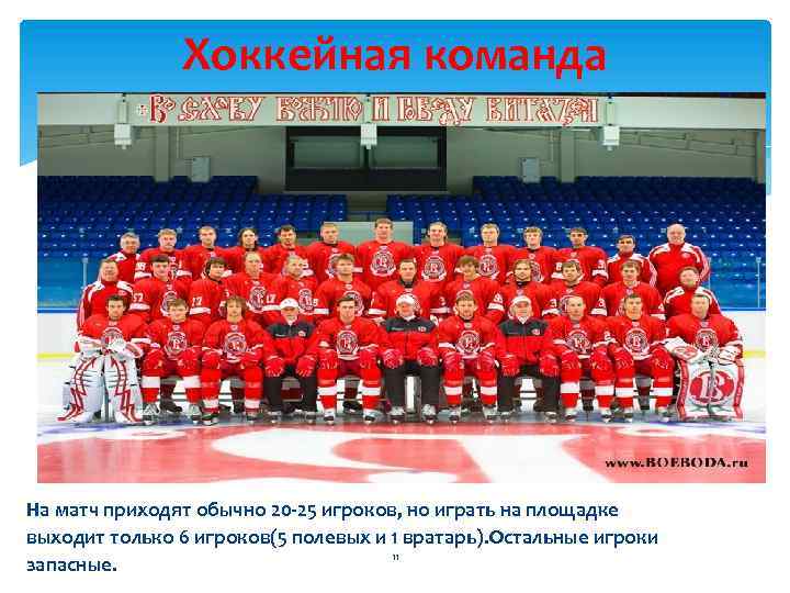 Хоккейная команда На матч приходят обычно 20 -25 игроков, но играть на площадке выходит