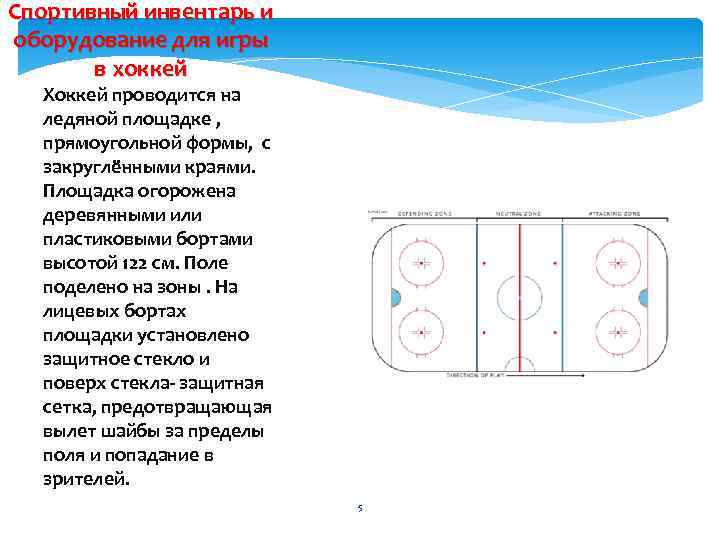 Спортивный инвентарь и оборудование для игры в хоккей Хоккей проводится на ледяной площадке ,