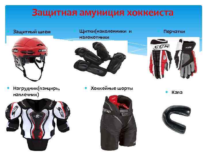 Защитная амуниция хоккеиста Защитный шлем Нагрудник(панцирь, наплечник) Щитки(наколенники и налокотники Хоккейные шорты 9 Перчатки
