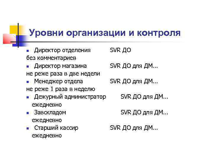 Уровни организации и контроля Директор отделения без комментариев Директор магазина не реже раза в