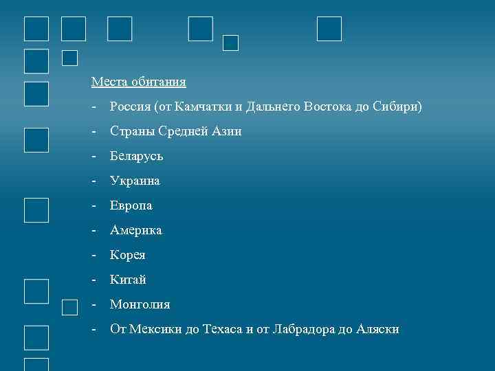 Места обитания - Россия (от Камчатки и Дальнего Востока до Сибири) - Страны Средней