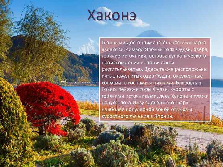 Хаконэ Главными достопримечательностями парка являются: символ Японии гора Фудзи, озера, горячие источники, острова вулканического