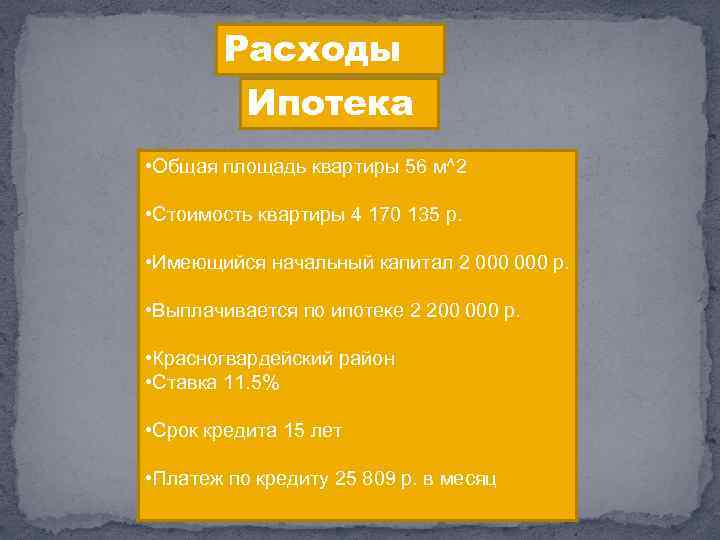 Расходы Ипотека • Общая площадь квартиры 56 м^2 • Стоимость квартиры 4 170 135