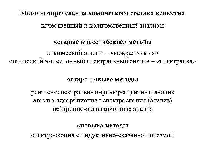 Методы определения химического состава вещества качественный и количественный анализы «старые классические» методы химический анализ