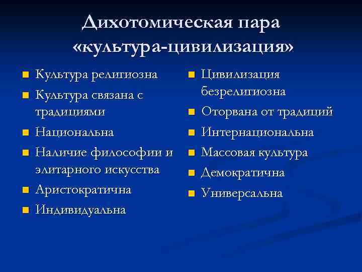 Дихотомическая пара «культура-цивилизация» n n n Культура религиозна Культура связана с традициями Национальна Наличие