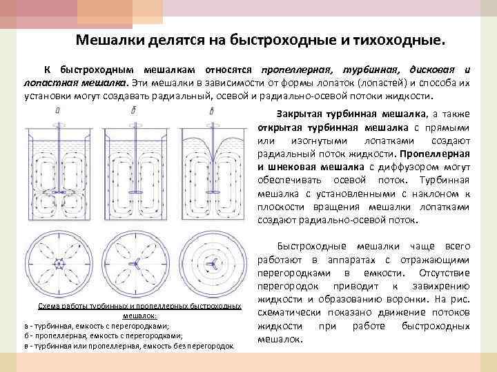 Мешалки делятся на быстроходные и тихоходные. К быстроходным мешалкам относятся пропеллерная, турбинная, дисковая и