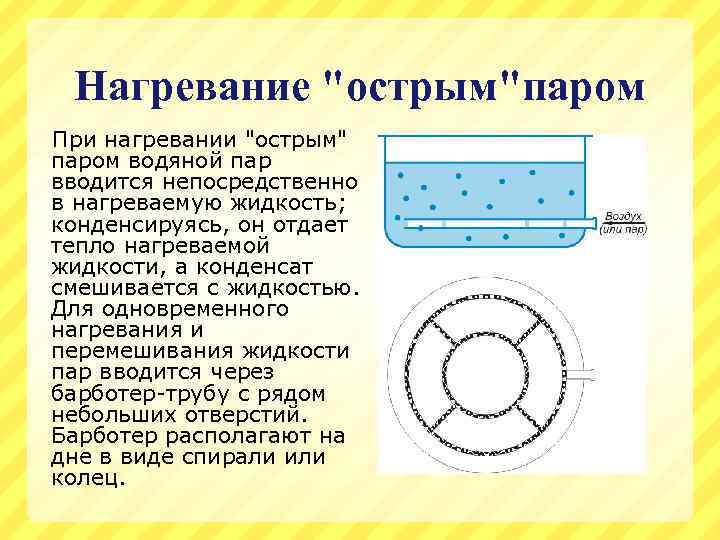 Нагревание "острым"паром При нагревании "острым" паром водяной пар вводится непосредственно в нагреваемую жидкость; конденсируясь,