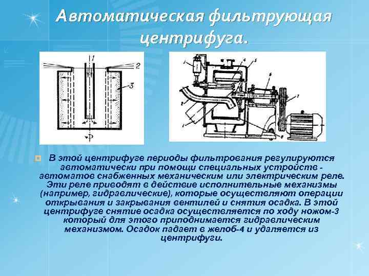 Автоматическая фильтрующая центрифуга. В этой центрифуге периоды фильтрования регулируются автоматически при помощи специальных устройств