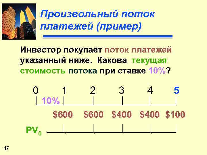 Какова текущая. Примеры потока платежей. Текущая стоимость потока платежей. Нерегулярные платежи пример. Нерегулярный поток платежей формула.