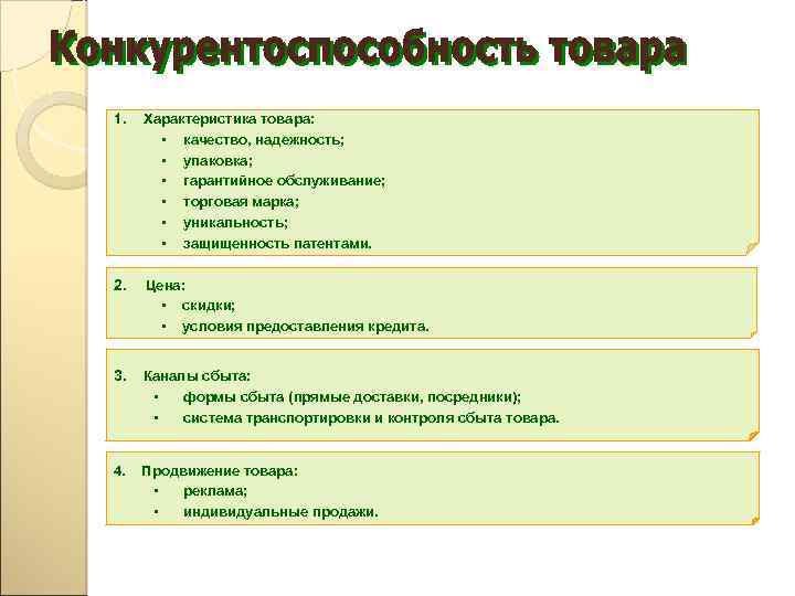 1. Характеристика товара: • качество, надежность; • упаковка; • гарантийное обслуживание; • торговая марка;