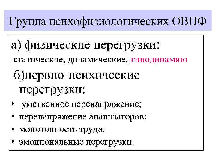 Группа психофизиологических ОВПФ а) физические перегрузки: статические, динамические, гиподинамию б)нервно-психические перегрузки: • • умственное