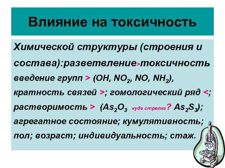 Влияние на токсичность Химической структуры (строения и состава): разветвление>токсичность введение групп > (ОН, NO