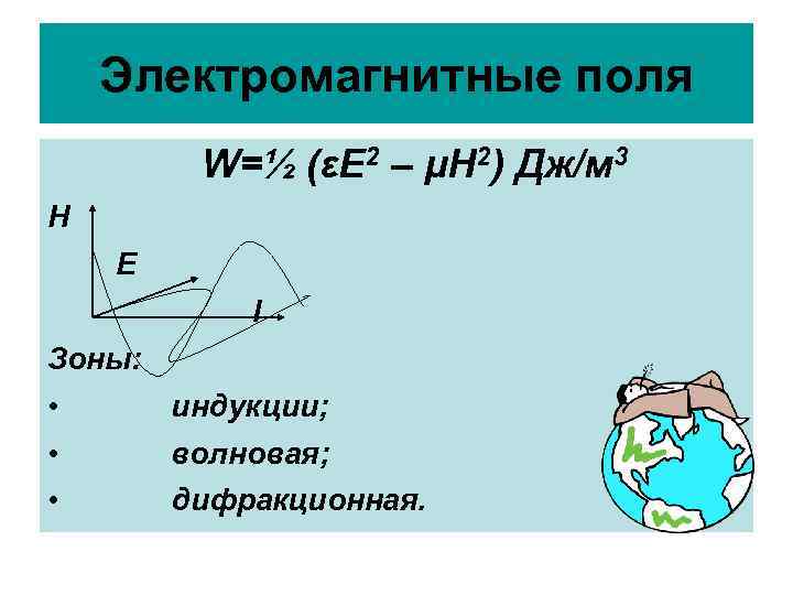 Электромагнитные поля W=½ (εE 2 – μH 2) Дж/м 3 Н Е l Зоны: