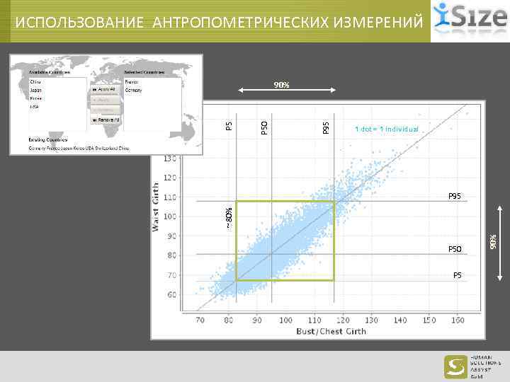 ИСПОЛЬЗОВАНИЕ АНТРОПОМЕТРИЧЕСКИХ ИЗМЕРЕНИЙ P 95 P 50 P 5 90% 1 dot = 1