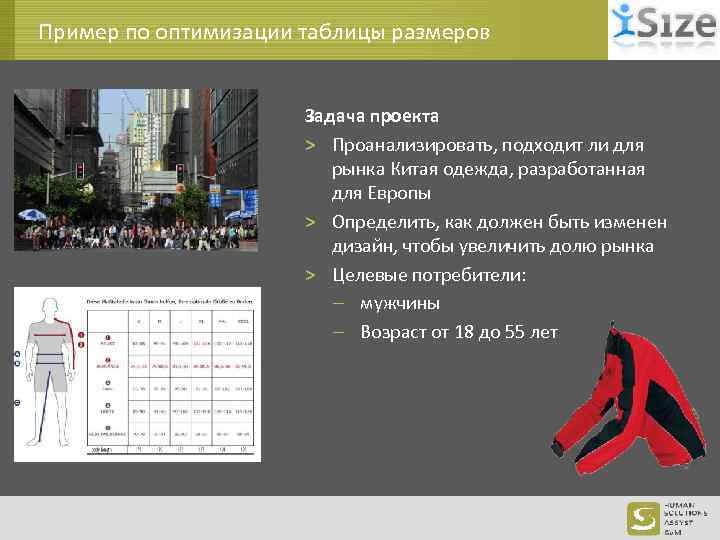 Пример по оптимизации таблицы размеров Задача проекта > Проанализировать, подходит ли для рынка Китая