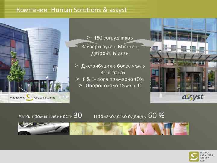 Компании Human Solutions & assyst > 150 сотрудников Кайзерслаутен, Mюнхен, Детройт, Mилан > Дистрибуция