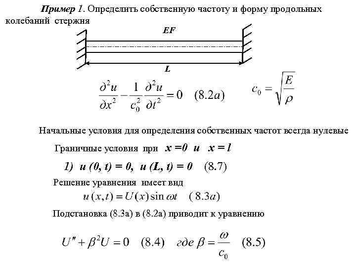 Пример 1. Определить собственную частоту и форму продольных колебаний стержня EF L Начальные условия