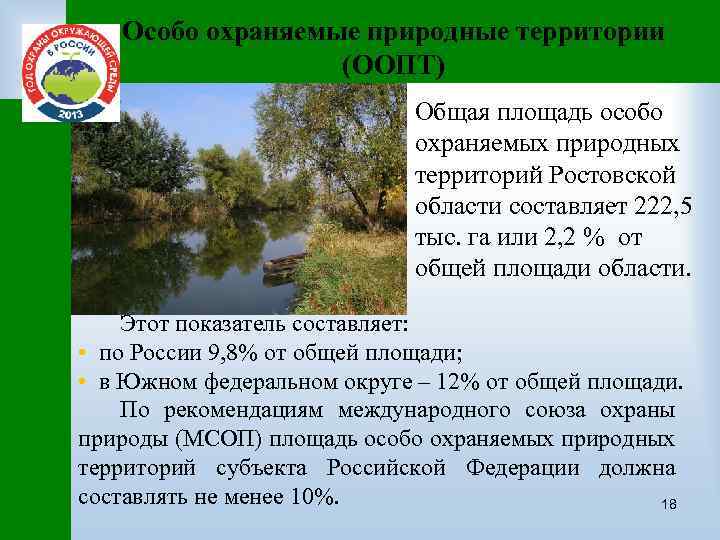 Особо охраняемые природные территории (ООПТ) Общая площадь особо охраняемых природных территорий Ростовской области составляет
