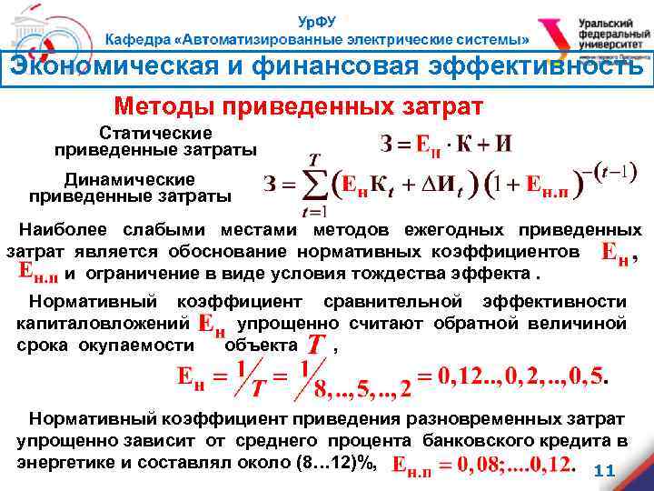 Экономическая и финансовая эффективность Методы приведенных затрат Статические приведенные затраты Динамические приведенные затраты Наиболее