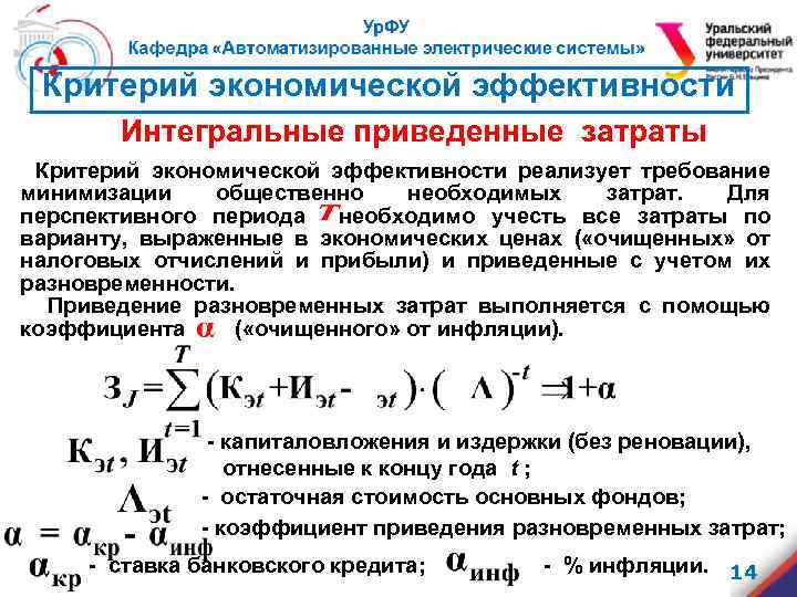 Критерий экономической эффективности Интегральные приведенные затраты Критерий экономической эффективности реализует требование минимизации общественно необходимых