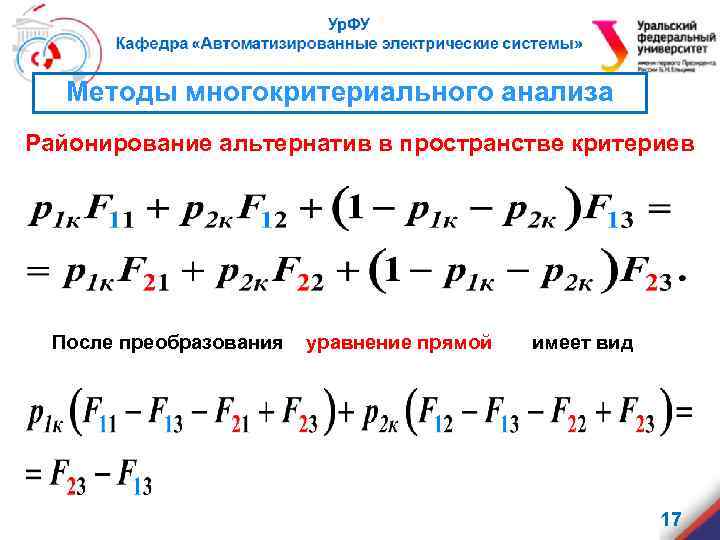 Методы многокритериального анализа Районирование альтернатив в пространстве критериев После преобразования уравнение прямой имеет вид