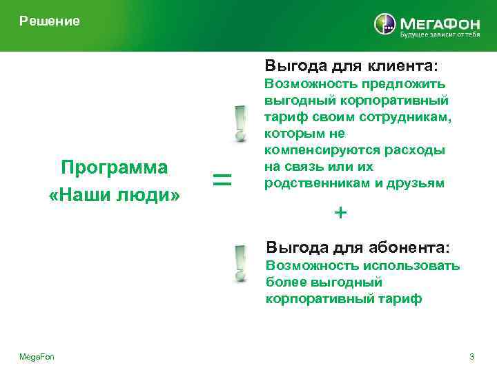 Решение Выгода для клиента: Программа «Наши люди» = Возможность предложить выгодный корпоративный тариф своим
