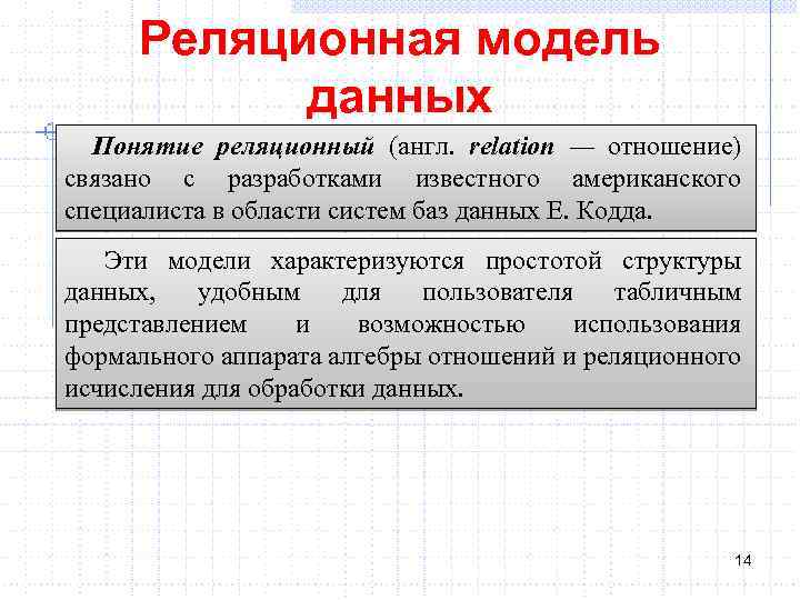 Реляционная модель данных Понятие реляционный (англ. relation — отношение) связано с разработками известного американского