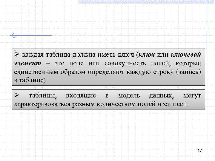 Ø каждая таблица должна иметь ключ (ключ или ключевой элемент – это поле или