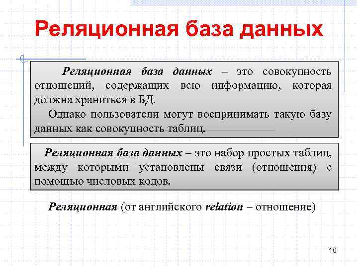 Реляционная база данных – это совокупность отношений, содержащих всю информацию, которая должна храниться в