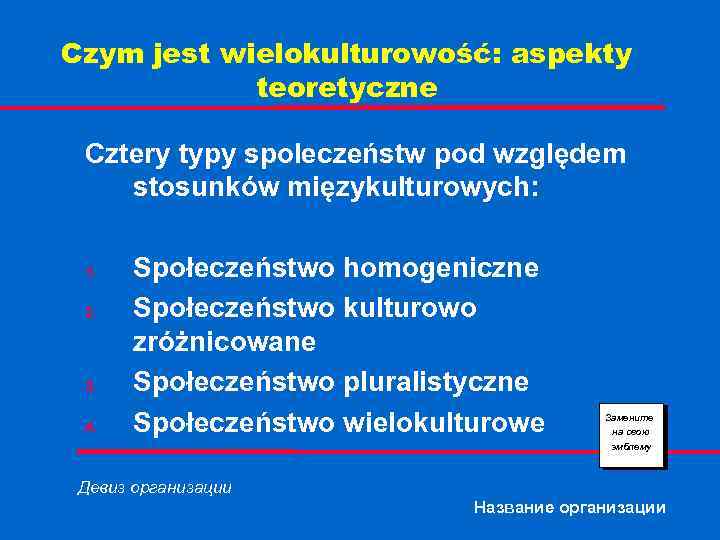 Czym jest wielokulturowość: aspekty teoretyczne Cztery typy spoleczeństw pod względem stosunków mięzykulturowych: 1. 2.
