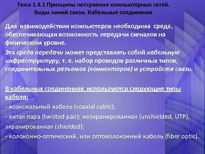 Тема 1. 4. 1 Принципы построения компьютерных сетей. Виды линий связи. Кабельные соединения Для