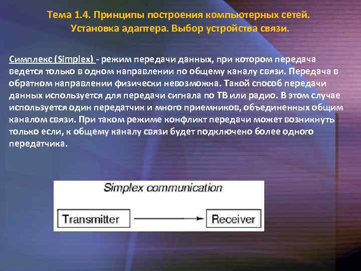 Тема 1. 4. Принципы построения компьютерных сетей. Установка адаптера. Выбор устройства связи. Симплекс (Simplex)