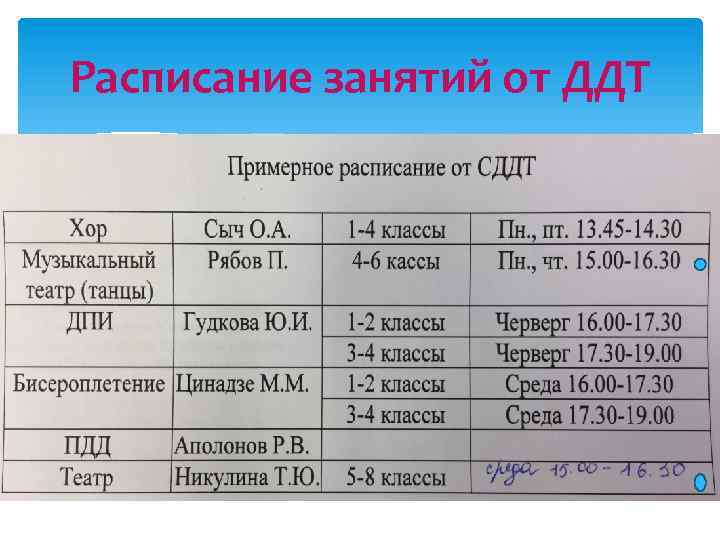 Расписание занятий от ДДТ 