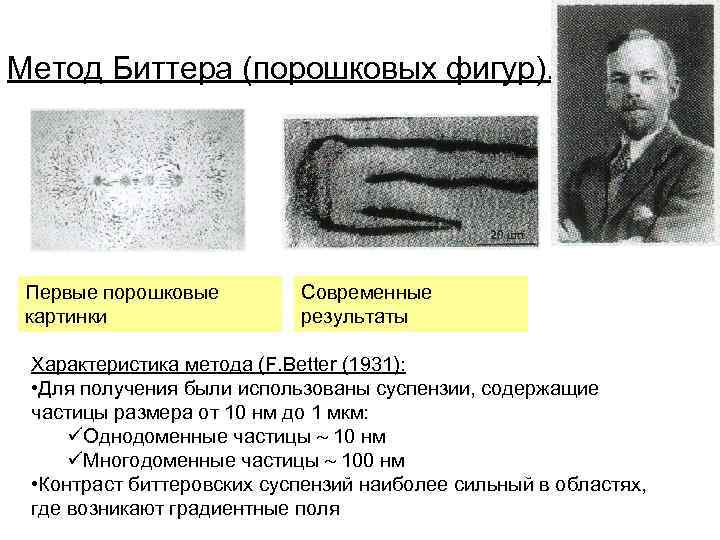 Метод Биттера (порошковых фигур). Первые порошковые картинки Современные результаты Характеристика метода (F. Better (1931):