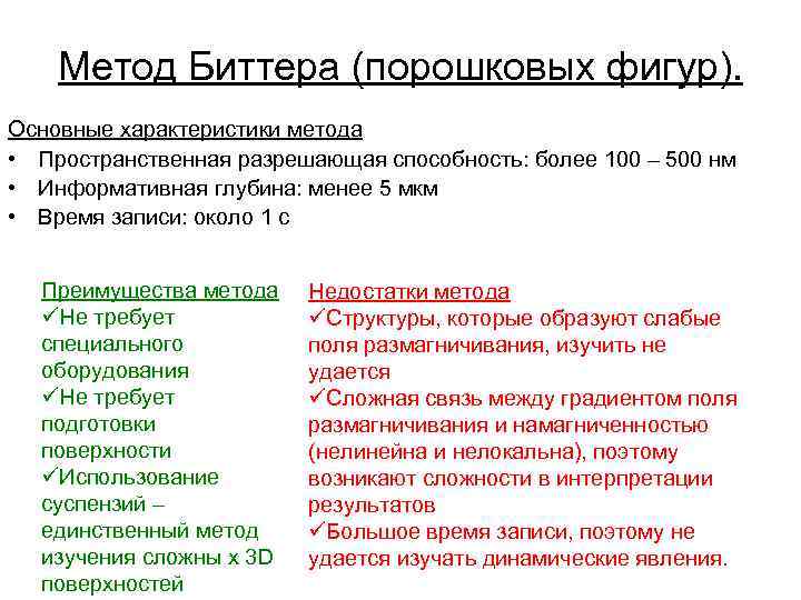 Метод Биттера (порошковых фигур). Основные характеристики метода • Пространственная разрешающая способность: более 100 –