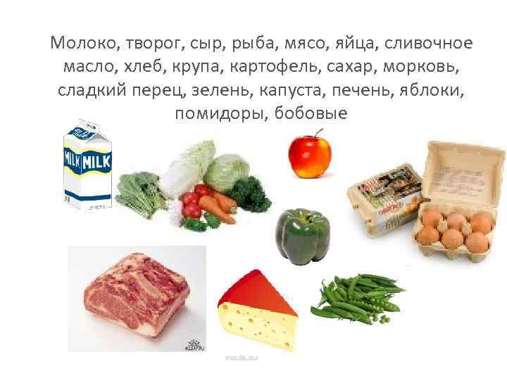 Молоко, творог, сыр, рыба, мясо, яйца, сливочное масло, хлеб, крупа, картофель, сахар, морковь, сладкий